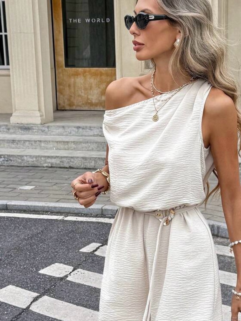One-Shoulder Cream Textured Jumpsuit Belt Included